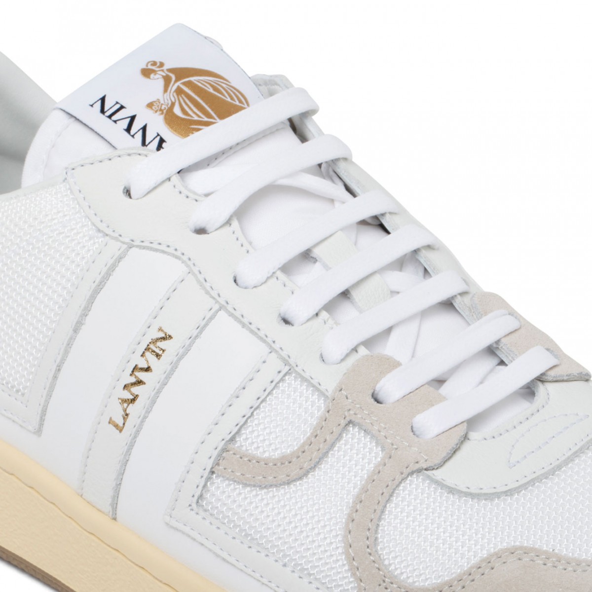 White and Beige Calf Leather Clay Sneakers