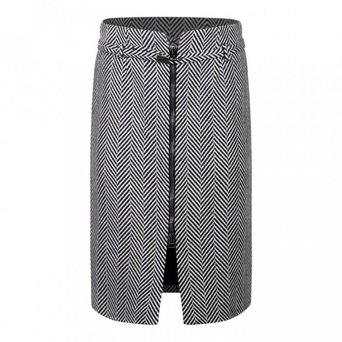 Black and White Virgin Wool Chevron Pattern Midi Pencil Skirt