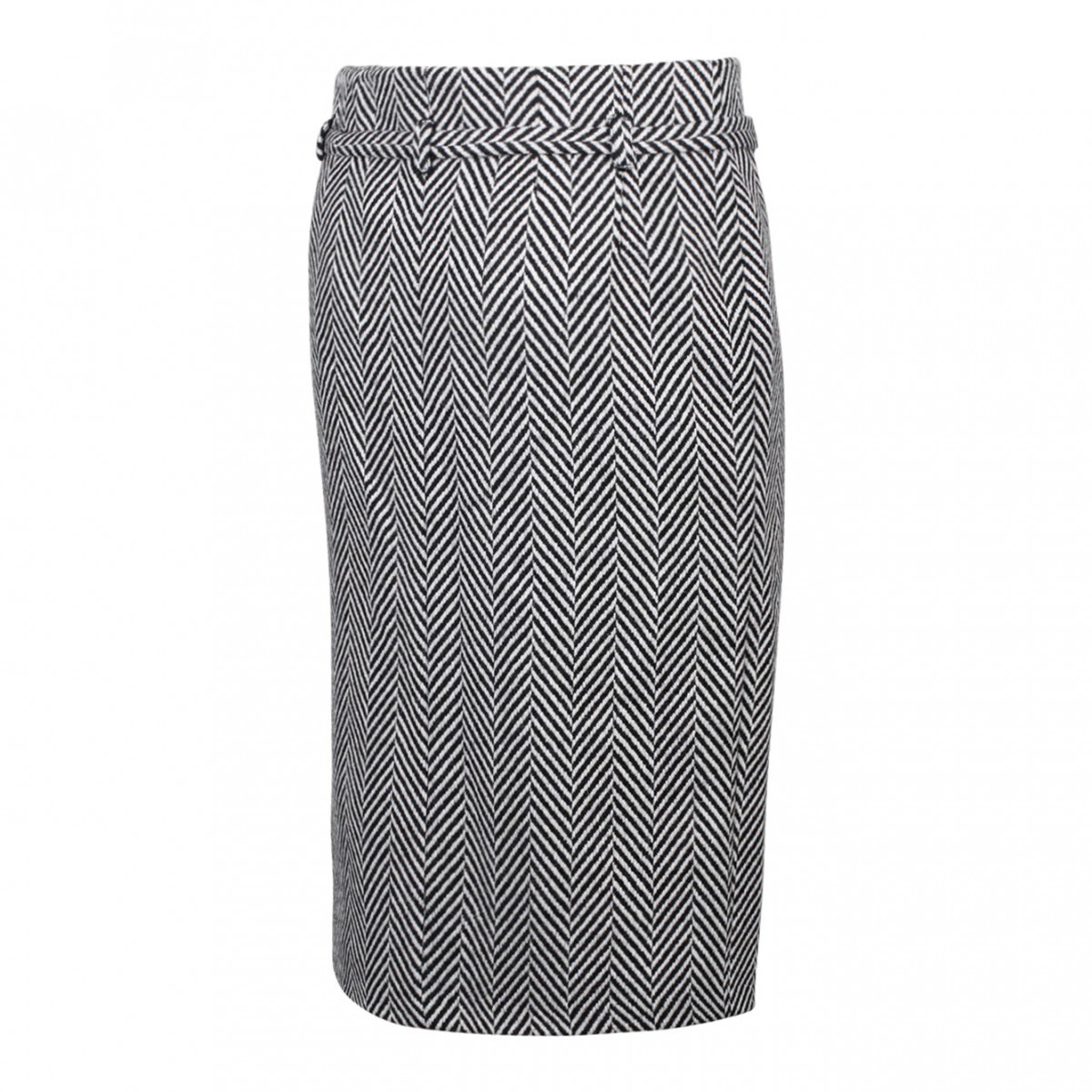 Black and White Virgin Wool Chevron Pattern Midi Pencil Skirt