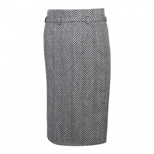 Black and White Virgin Wool Chevron Pattern Midi Pencil Skirt