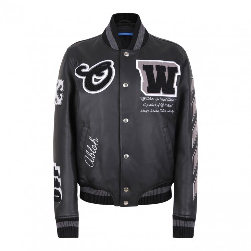 Black Applique Leather Bomber Jacket