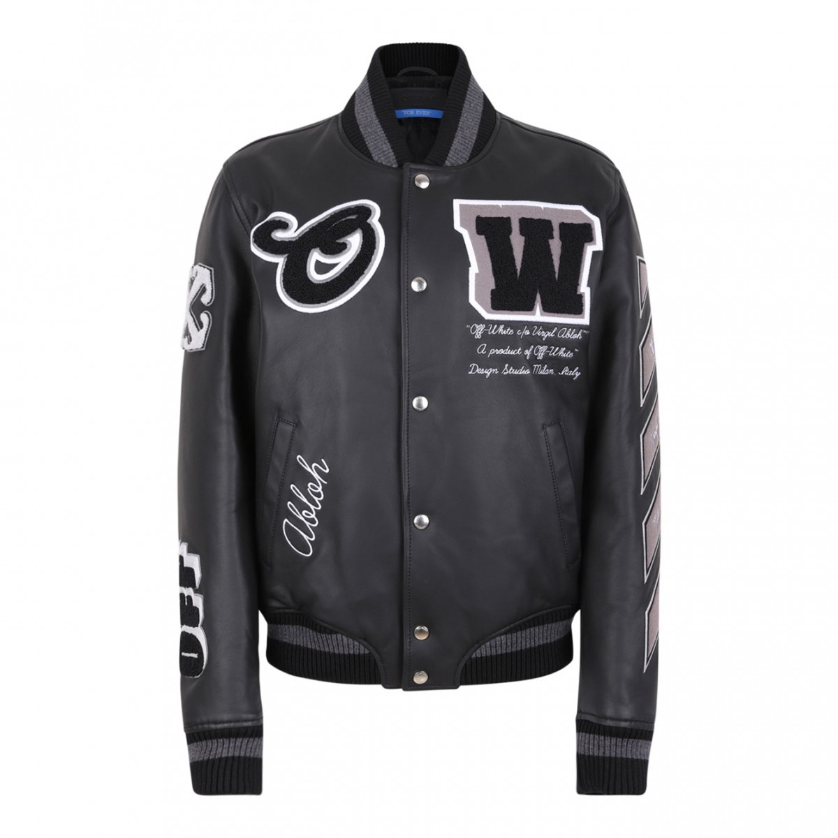 Black Applique Leather Bomber Jacket