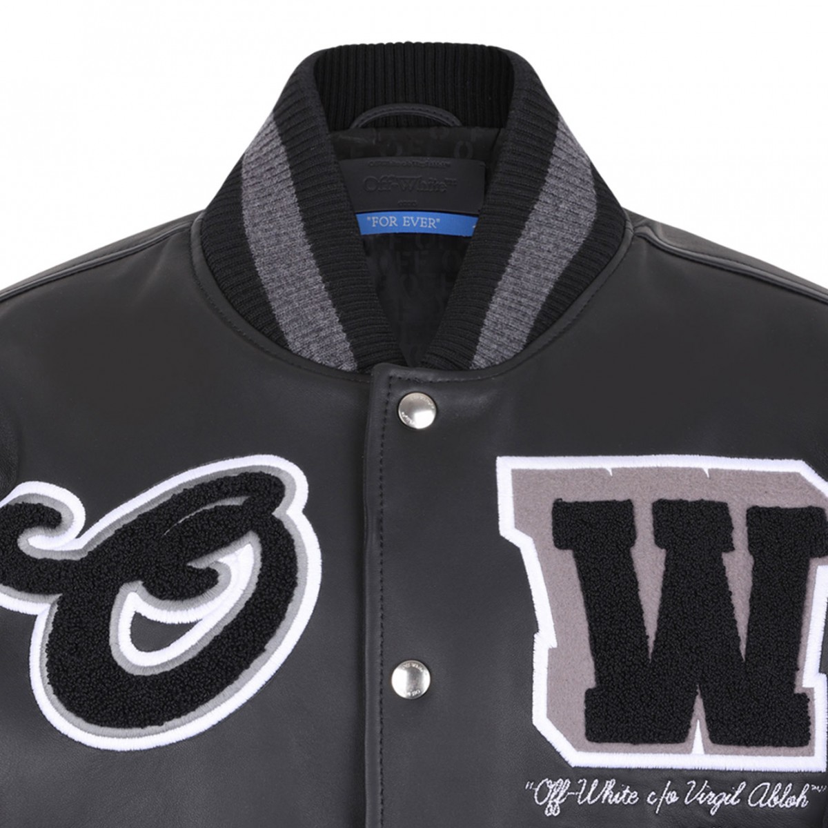 Black Applique Leather Bomber Jacket
