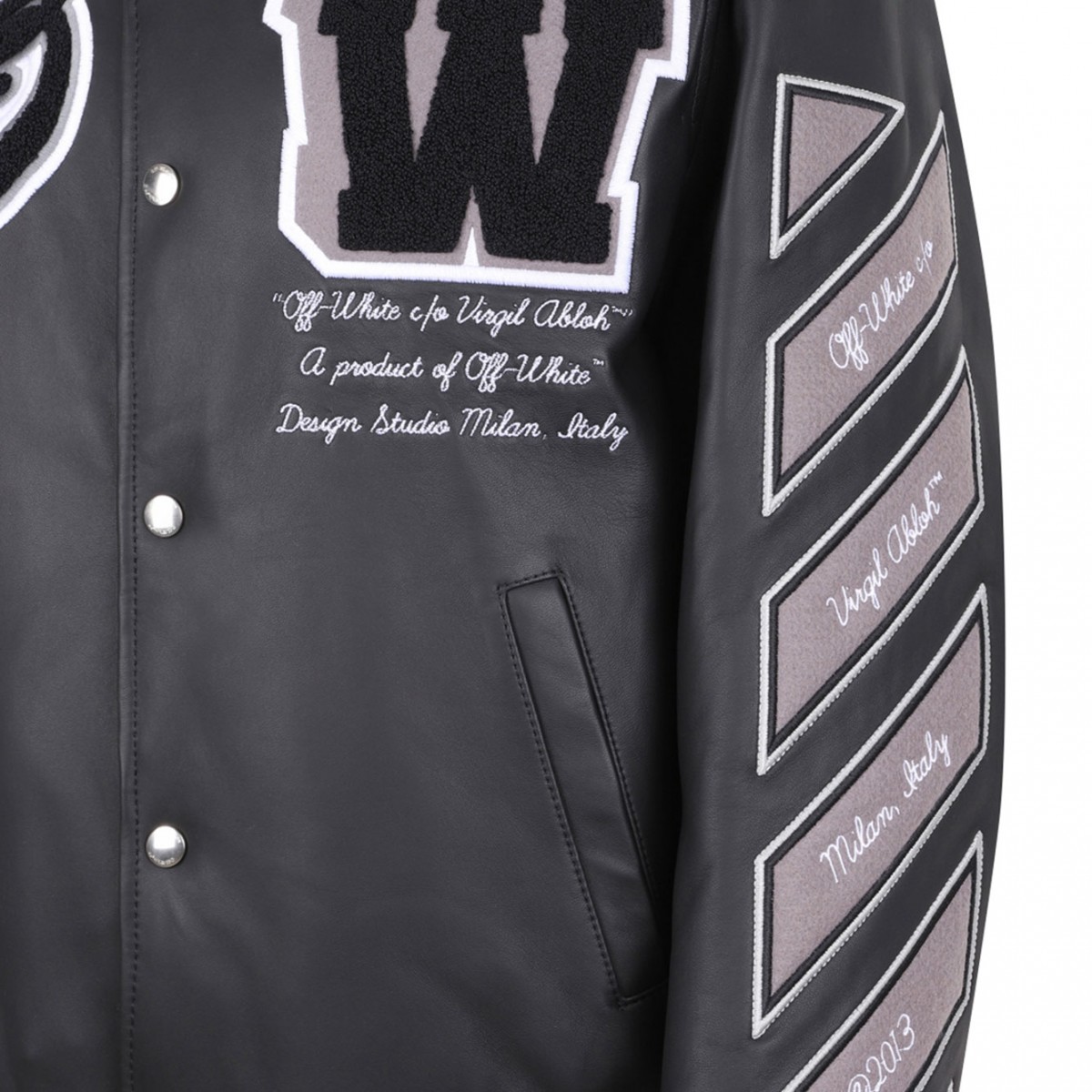 Black Applique Leather Bomber Jacket