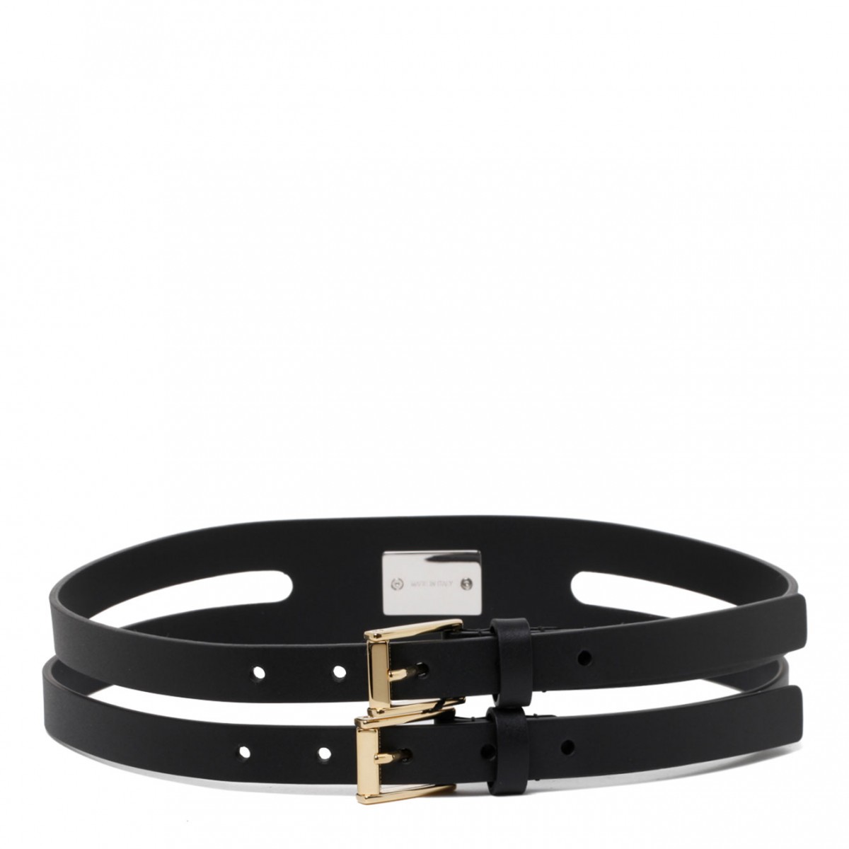 Black Calf Leather Logo Plaque Double Strap Belt
