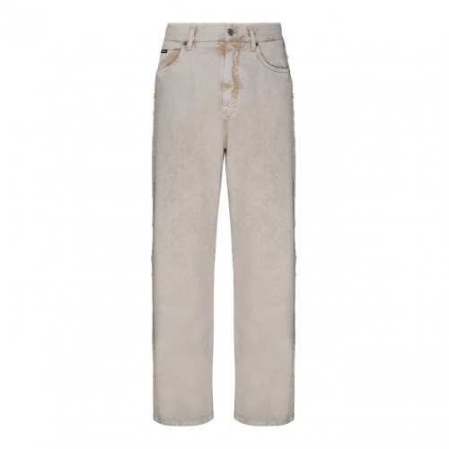 Light Beige Cotton Frayed Trim Jeans