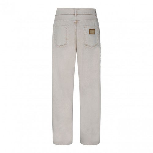 Light Beige Cotton Frayed Trim Jeans