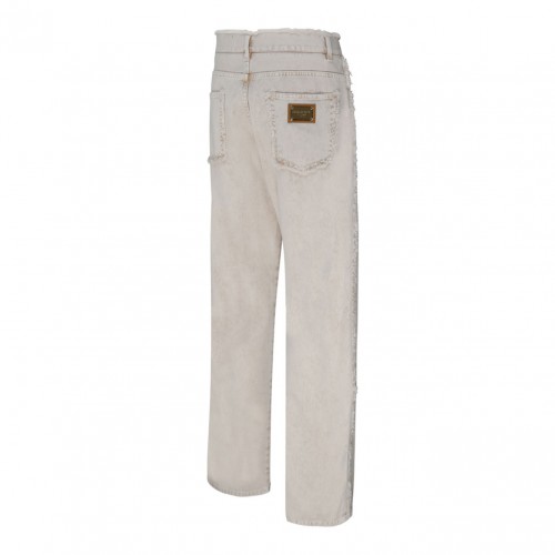 Light Beige Cotton Frayed Trim Jeans