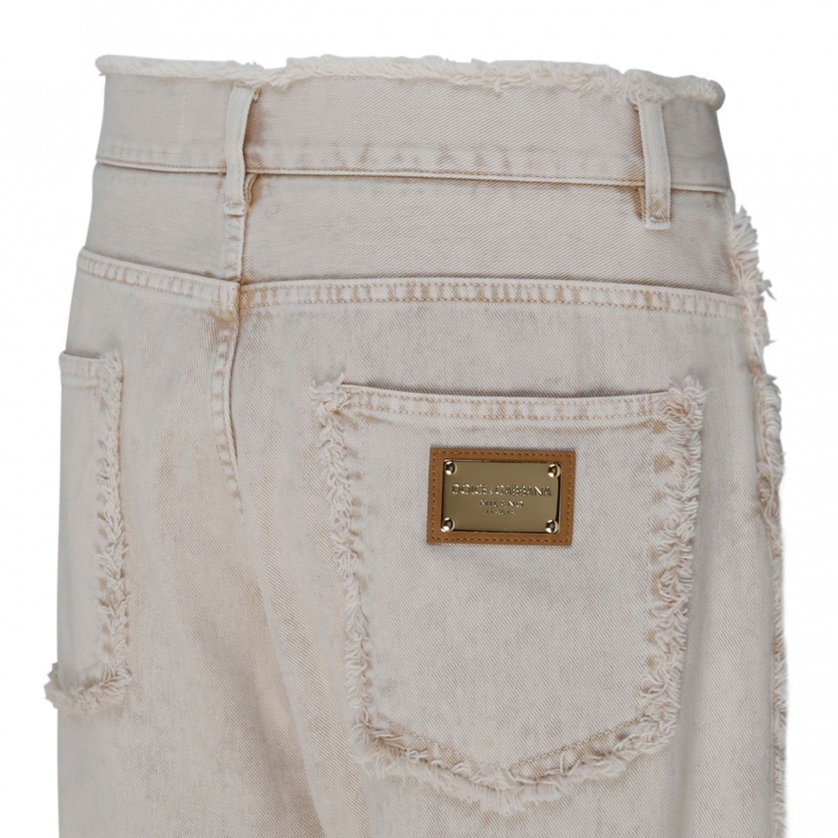 Light Beige Cotton Frayed Trim Jeans