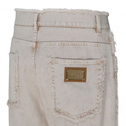 Light Beige Cotton Frayed Trim Jeans