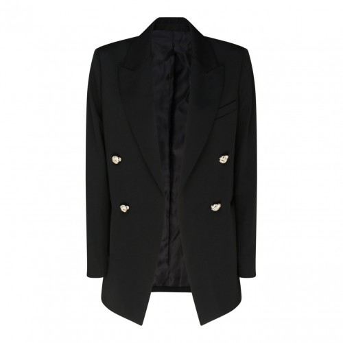 Black Wool Jewel Buttons Open Front Blazer