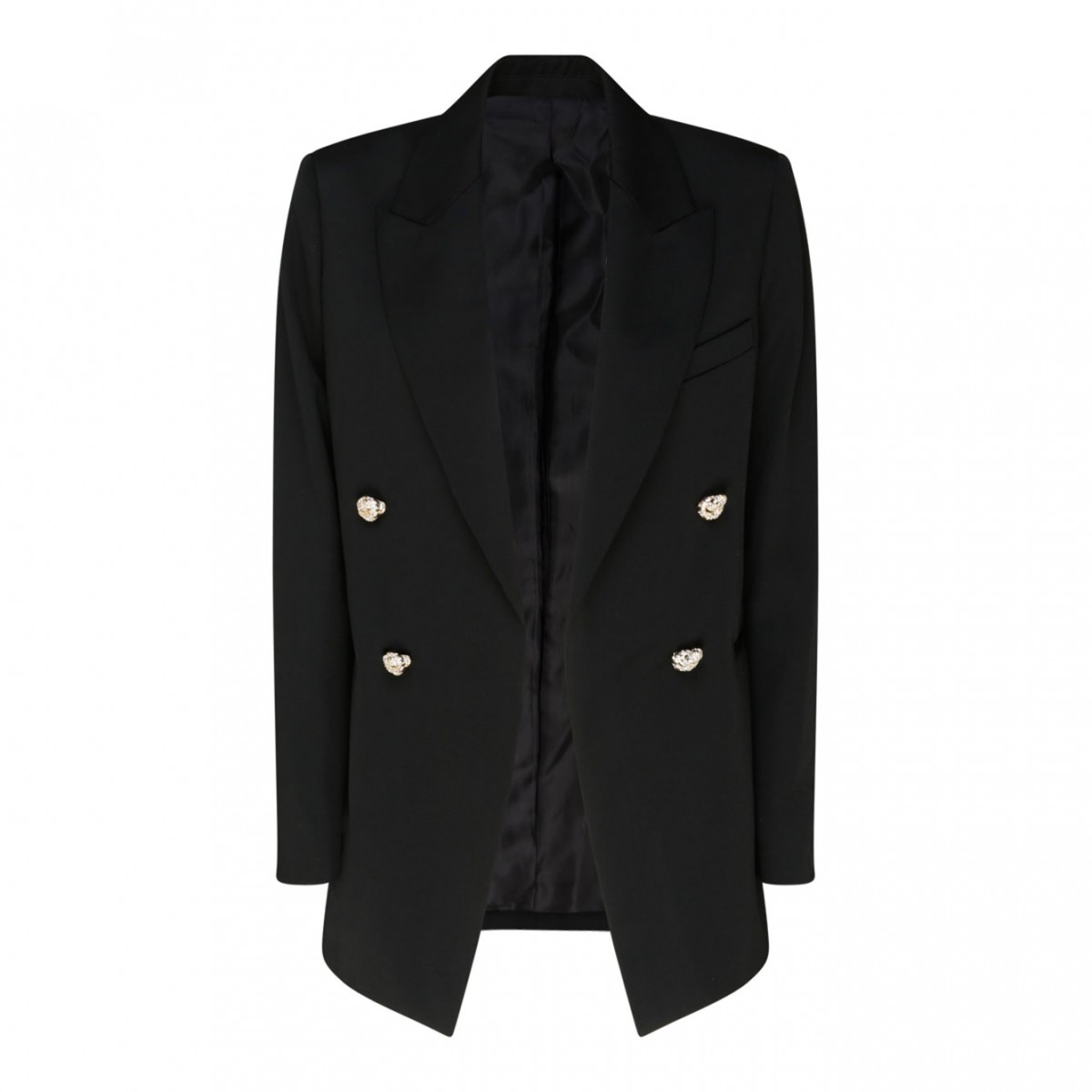 Black Wool Jewel Buttons Open Front Blazer