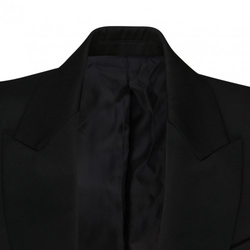 Black Wool Jewel Buttons Open Front Blazer