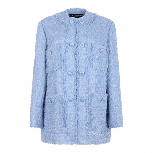 Light Blue Single-Breasted Cotton Rush-Stitch Jacket