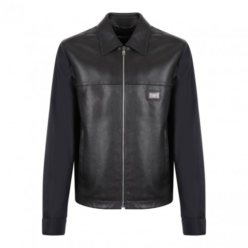 Black Logo-Plaque Leather Jacket