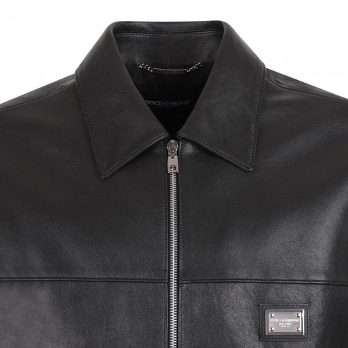 Black Logo-Plaque Leather Jacket