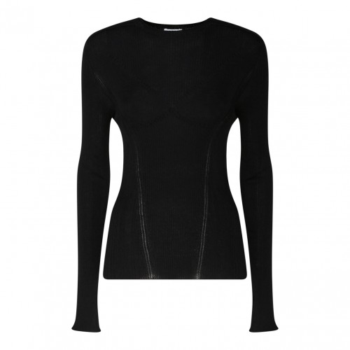 Black Cashmere Long Sleeve Ribbed Knit Top