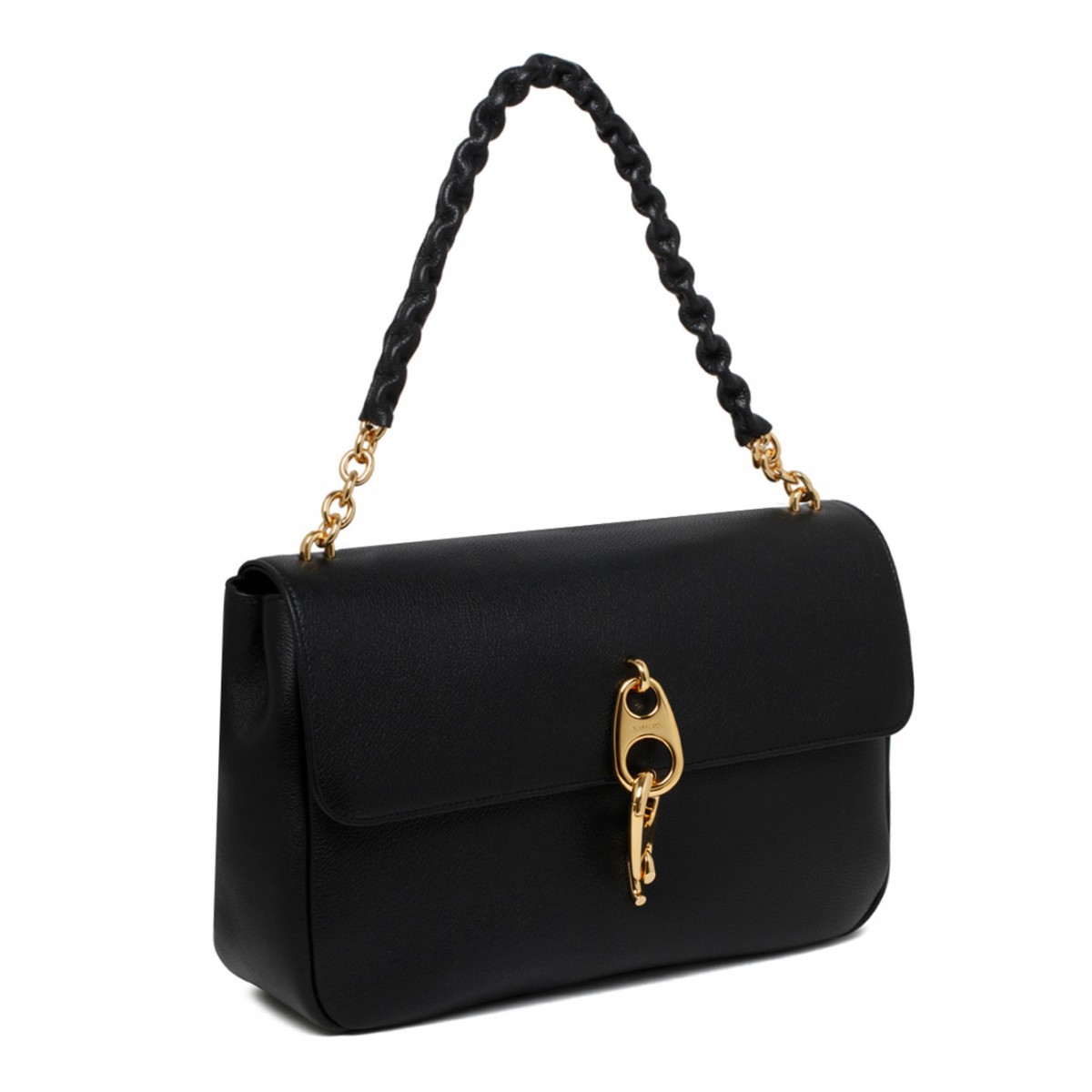 Black Leather Chain Link Handle Tote Bag