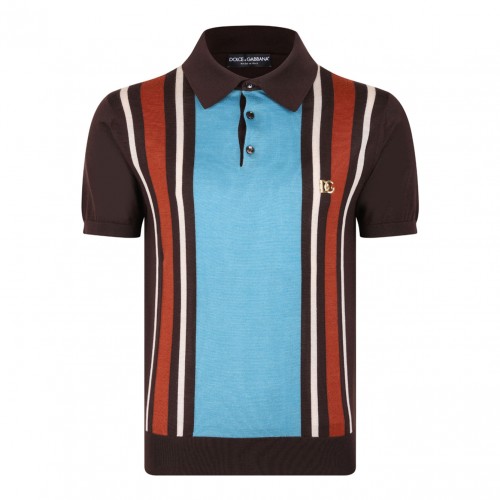 Brown and Blue Cotton-Jacquard Pique Polo Shirt