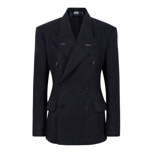 Navy Blue Pinstripe Double-Breasted Wool Blazer