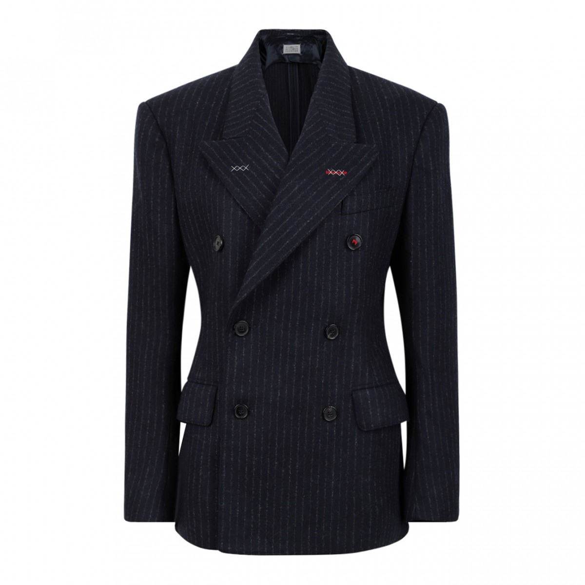 Navy Blue Pinstripe Double-Breasted Wool Blazer
