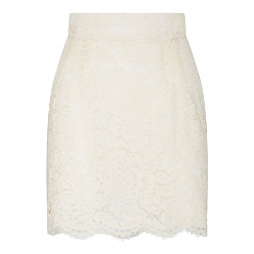 White Silk Blend Floral Lace Miniskirt