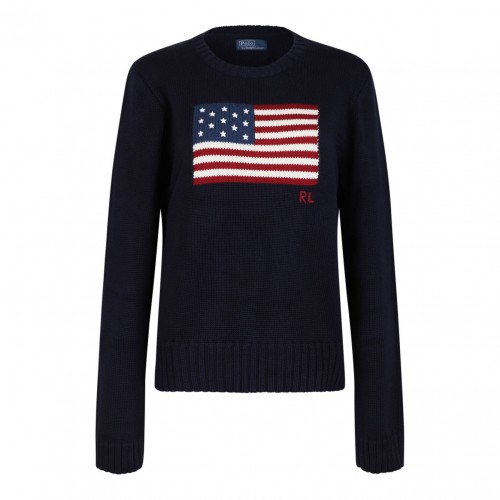 Navy Blue Graphic-Print Cotton Jumper