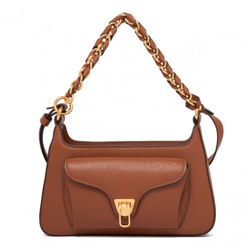 Cognac Leather Shoulder Bag with Chain Detail