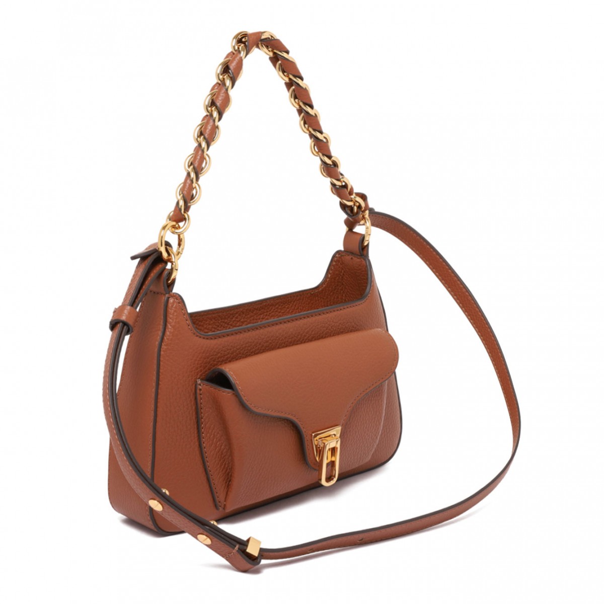 Cognac Leather Shoulder Bag with Chain Detail