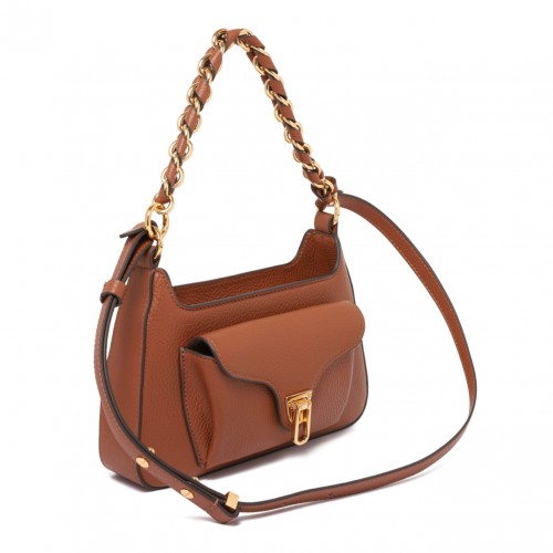 Cognac Leather Shoulder Bag with Chain Detail