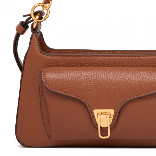 Cognac Leather Shoulder Bag with Chain Detail
