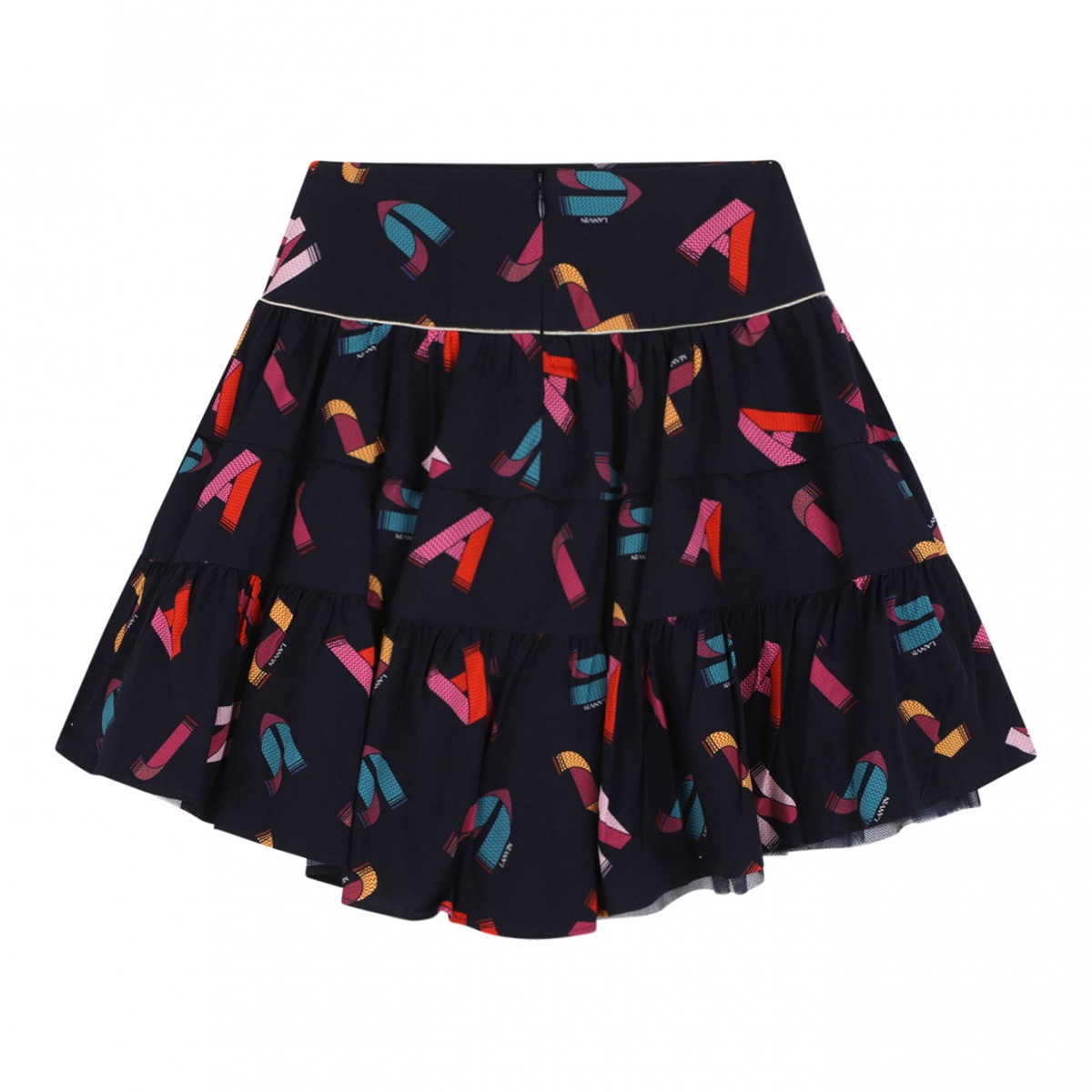 Navy Blue Logo-Print Tiered Full Skirt