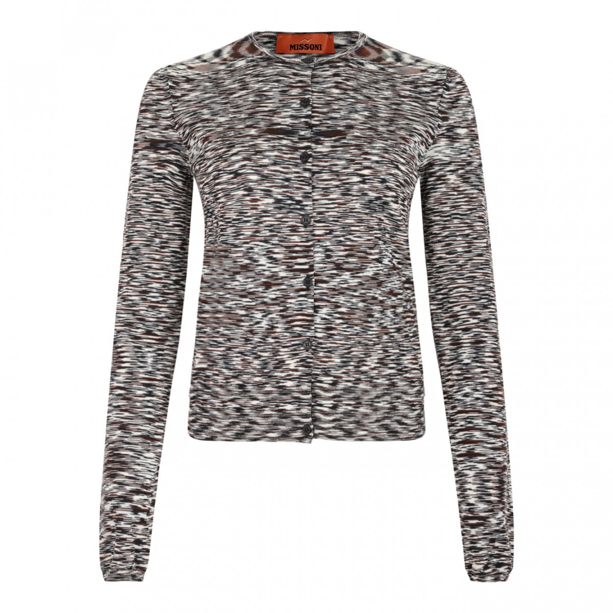 Black and Brown Short Crew Neck Cardigan In Smooth Flame Knit