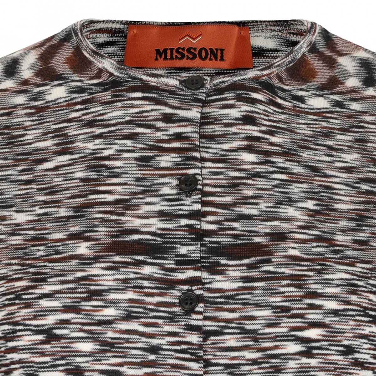 Black and Brown Short Crew Neck Cardigan In Smooth Flame Knit