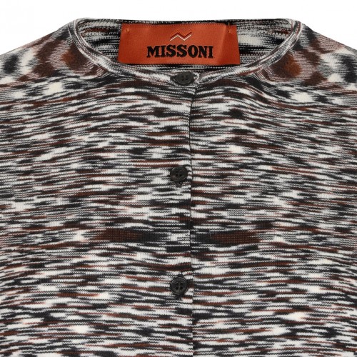 Black and Brown Short Crew Neck Cardigan In Smooth Flame Knit