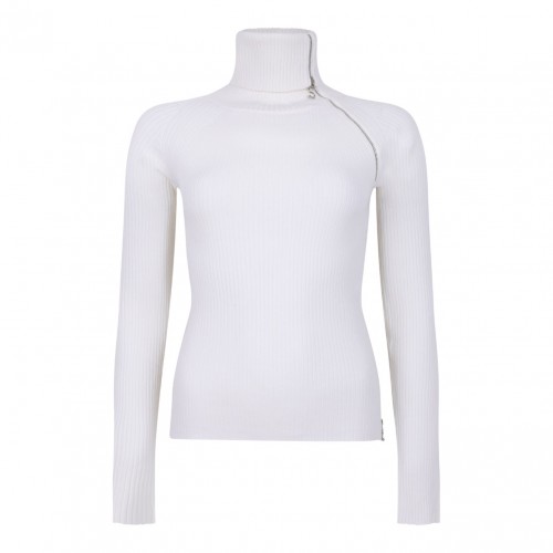 White Sweater With Zip-Up High Neck Detail