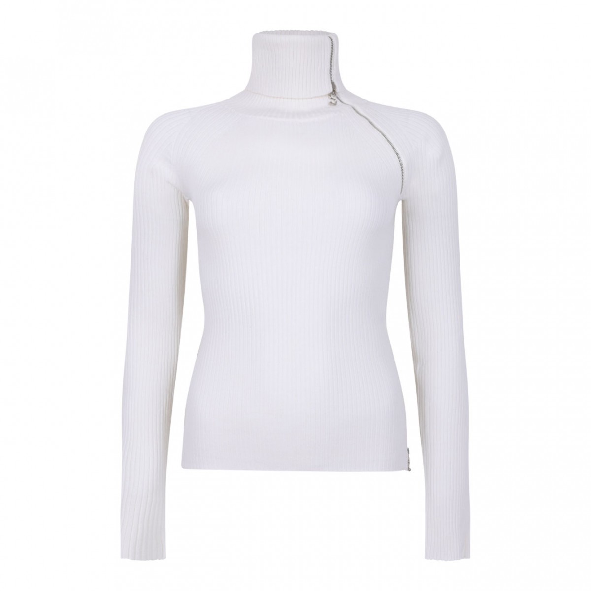 White Sweater With Zip-Up High Neck Detail