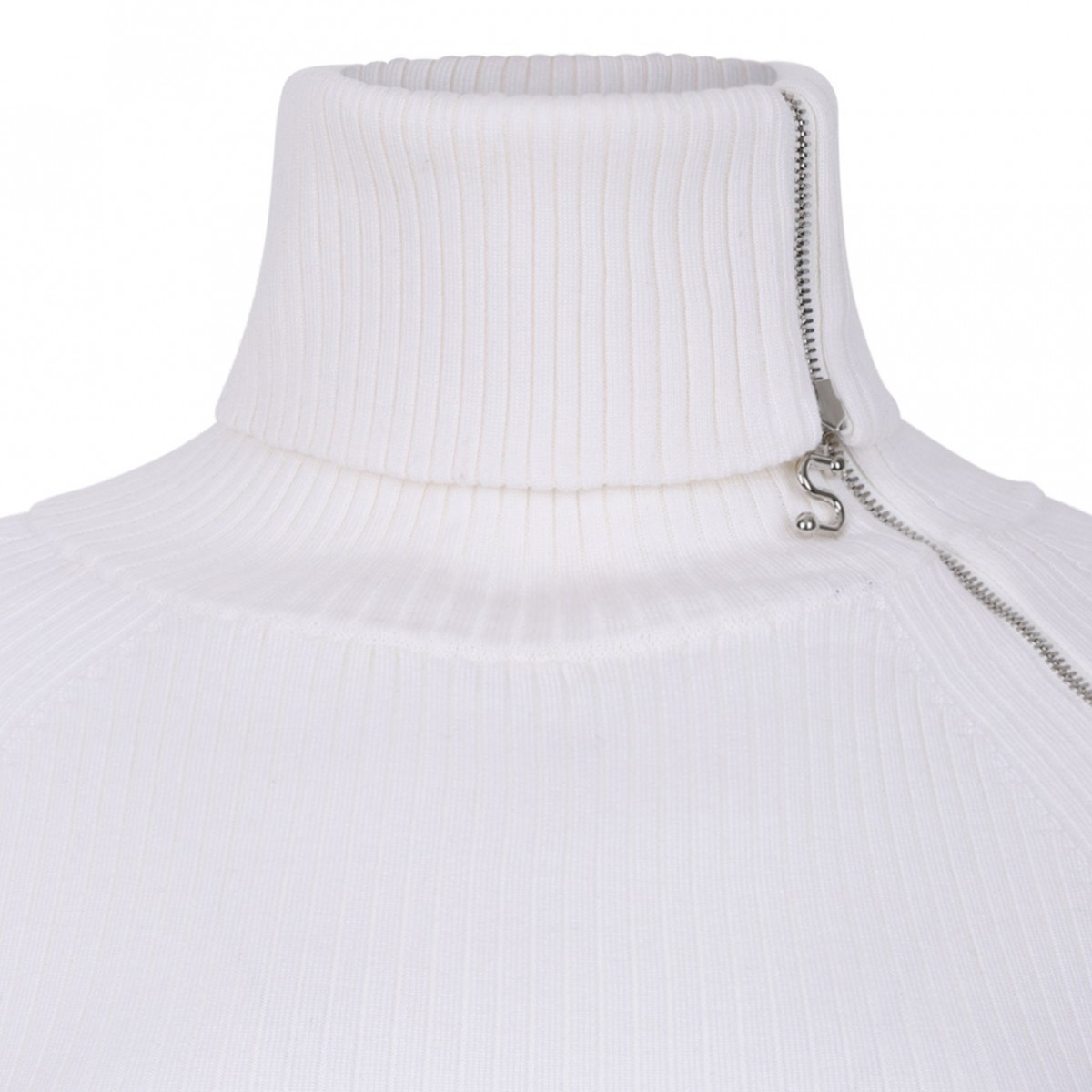 White Sweater With Zip-Up High Neck Detail