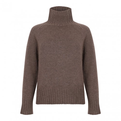 Hazelnut Brown Wool And Cashmere Yarn Polo-Neck Sweater