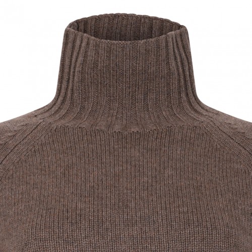Hazelnut Brown Wool And Cashmere Yarn Polo-Neck Sweater