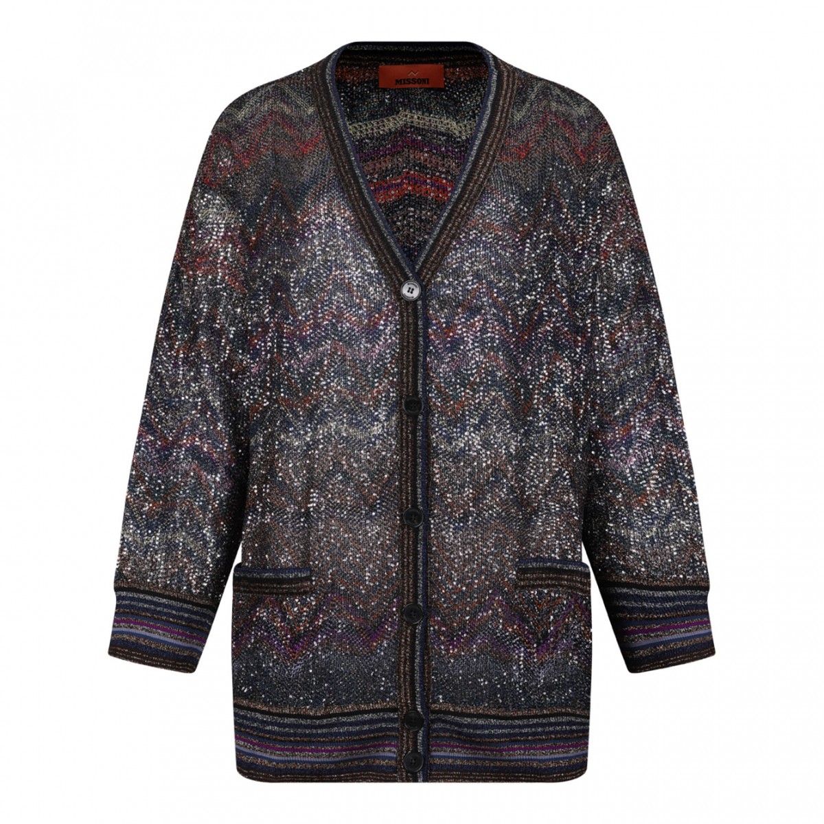 Multicolour Oversized V-Neck Cardigan With Zigzag Pattern