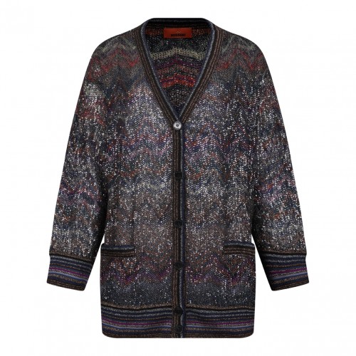 Multicolour Oversized V-Neck Cardigan With Zigzag Pattern