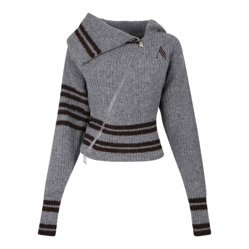 Melange Grey Striped Zip Front Cardigan