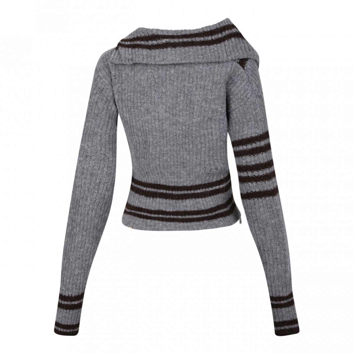 Melange Grey Striped Zip Front Cardigan