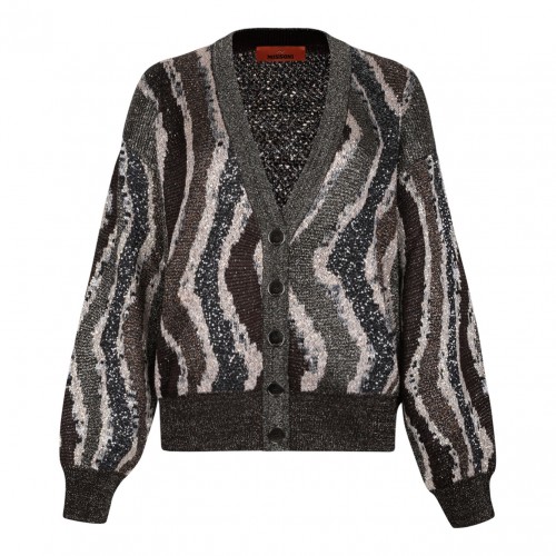 Brown Boxy Cardigan With Wave-Pattern Buttons