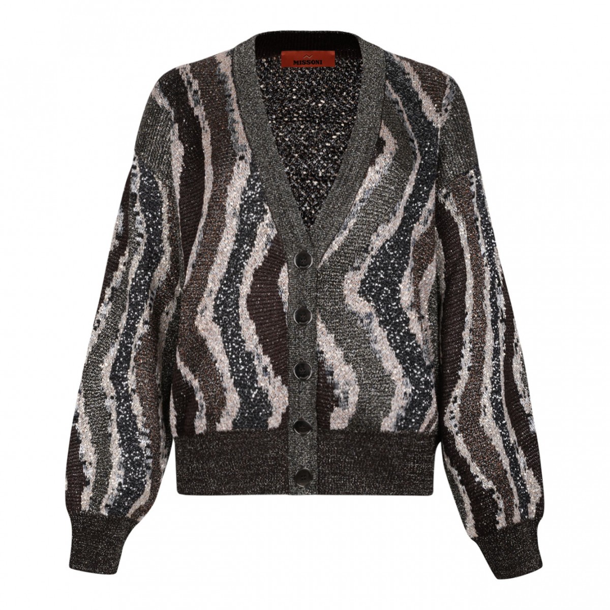 Brown Boxy Cardigan With Wave-Pattern Buttons