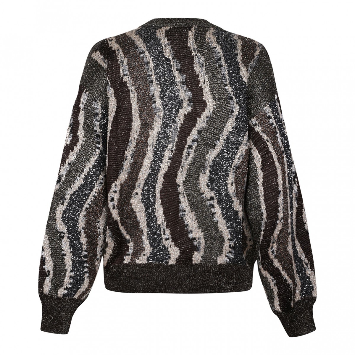 Brown Boxy Cardigan With Wave-Pattern Buttons