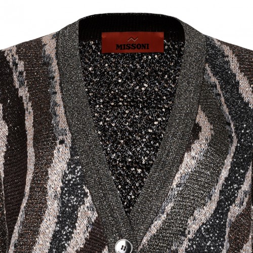 Brown Boxy Cardigan With Wave-Pattern Buttons