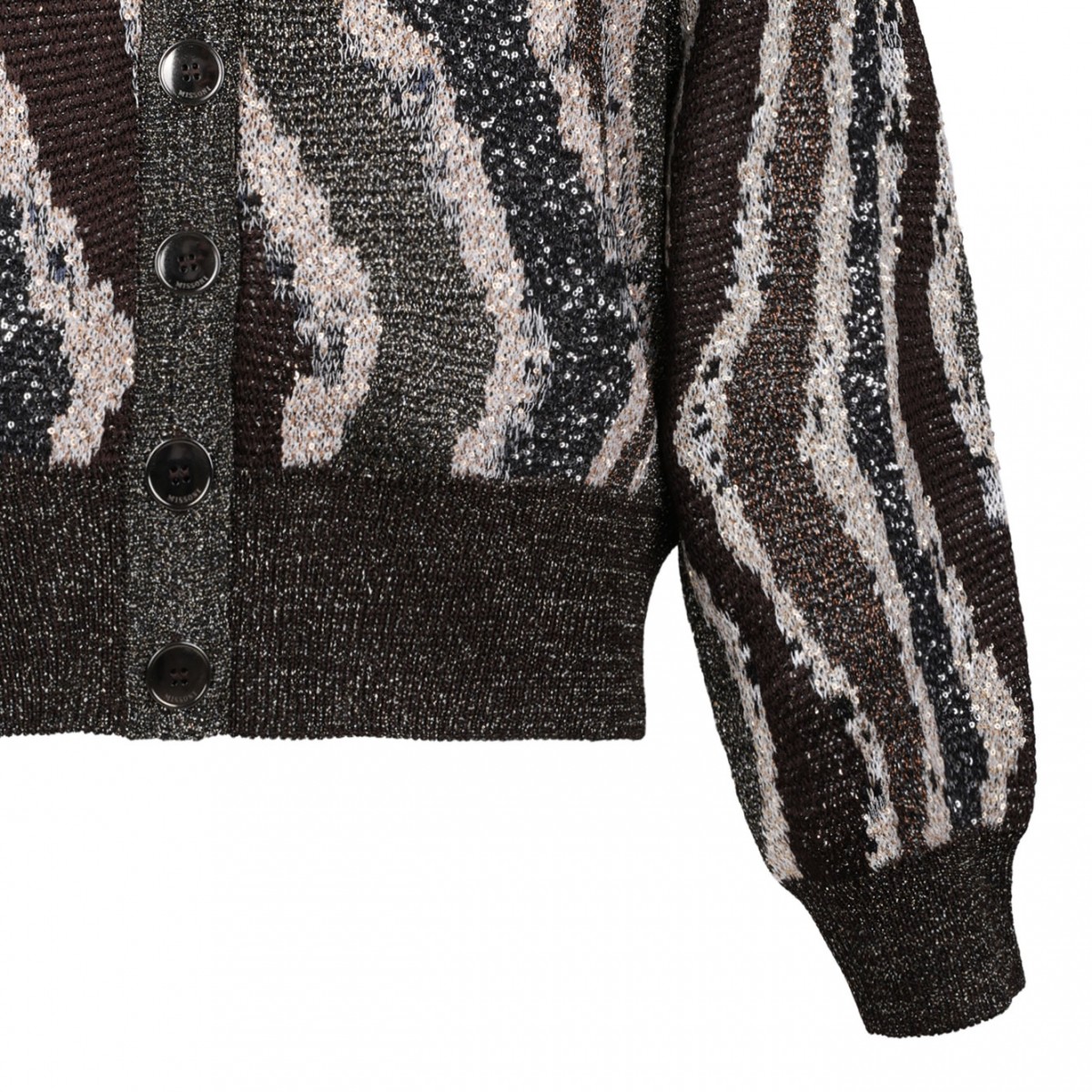 Brown Boxy Cardigan With Wave-Pattern Buttons