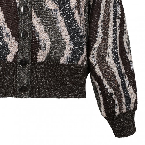 Brown Boxy Cardigan With Wave-Pattern Buttons